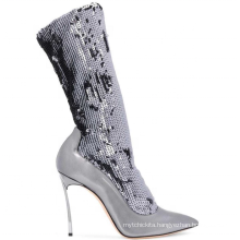 Winter Fashion Sexy High Heels Sequin PU Leather Short Elegant Pointed Toe Stilettos Elastic Boots
